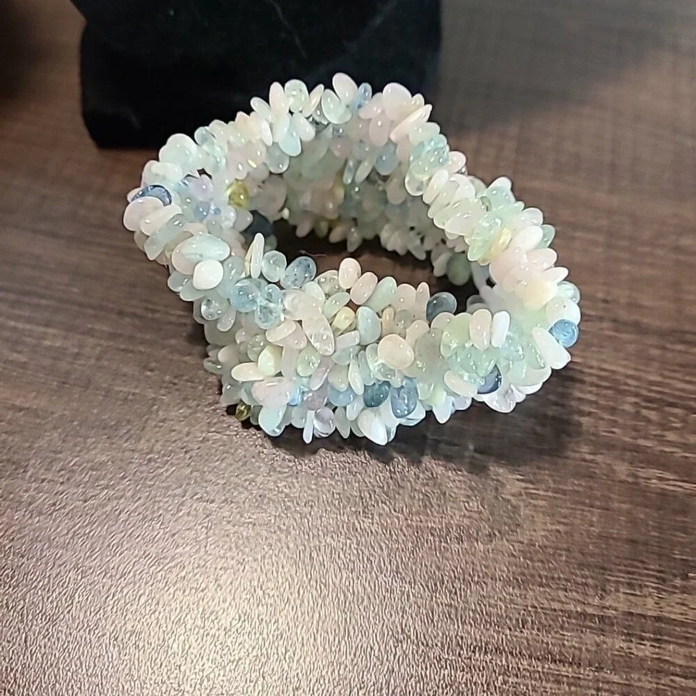 Pastel Natural Stone Chip Chunky Stretch Bracelet Green Pink Blue Boho Statement